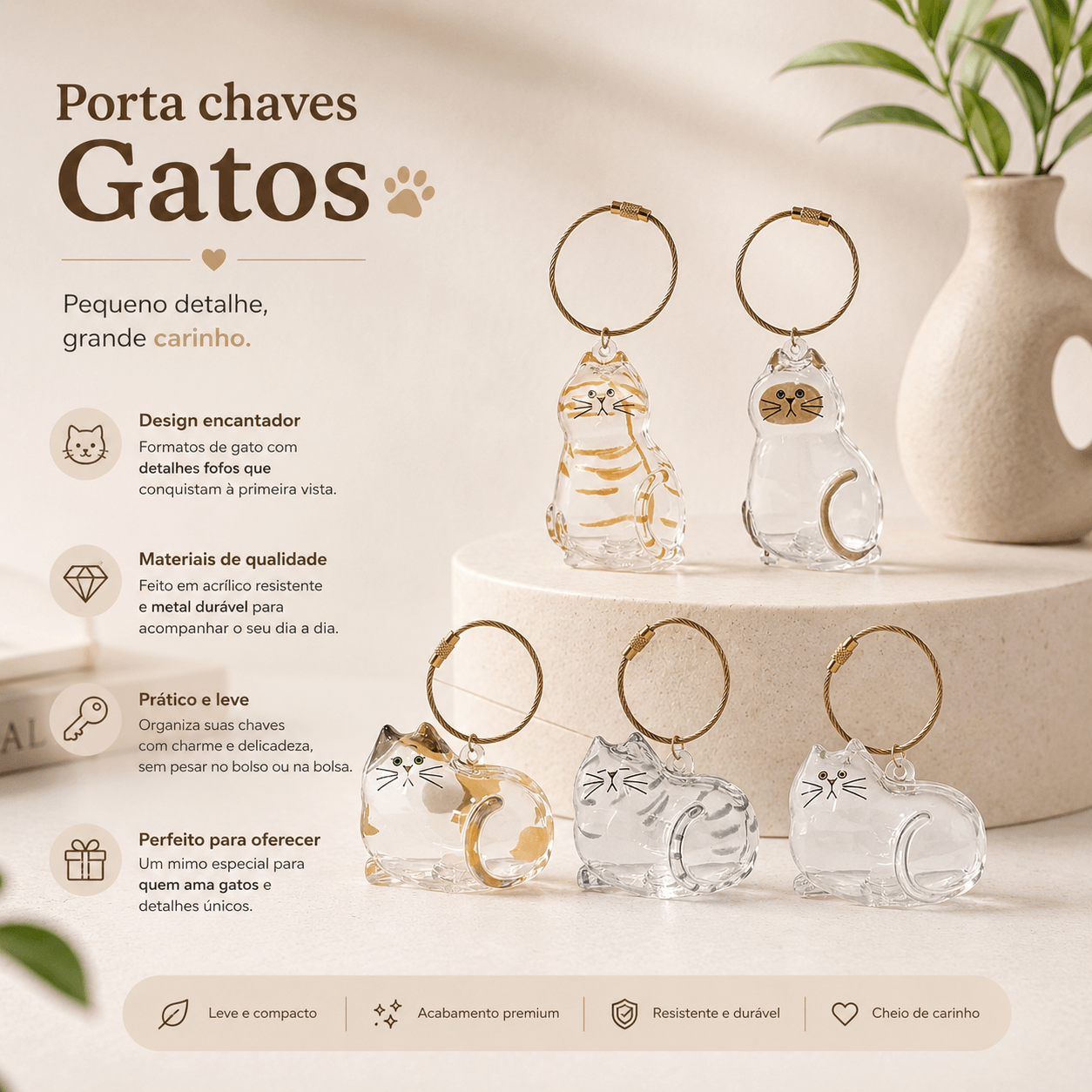 Porta Chaves de Acrílico para Pelos de Gatos